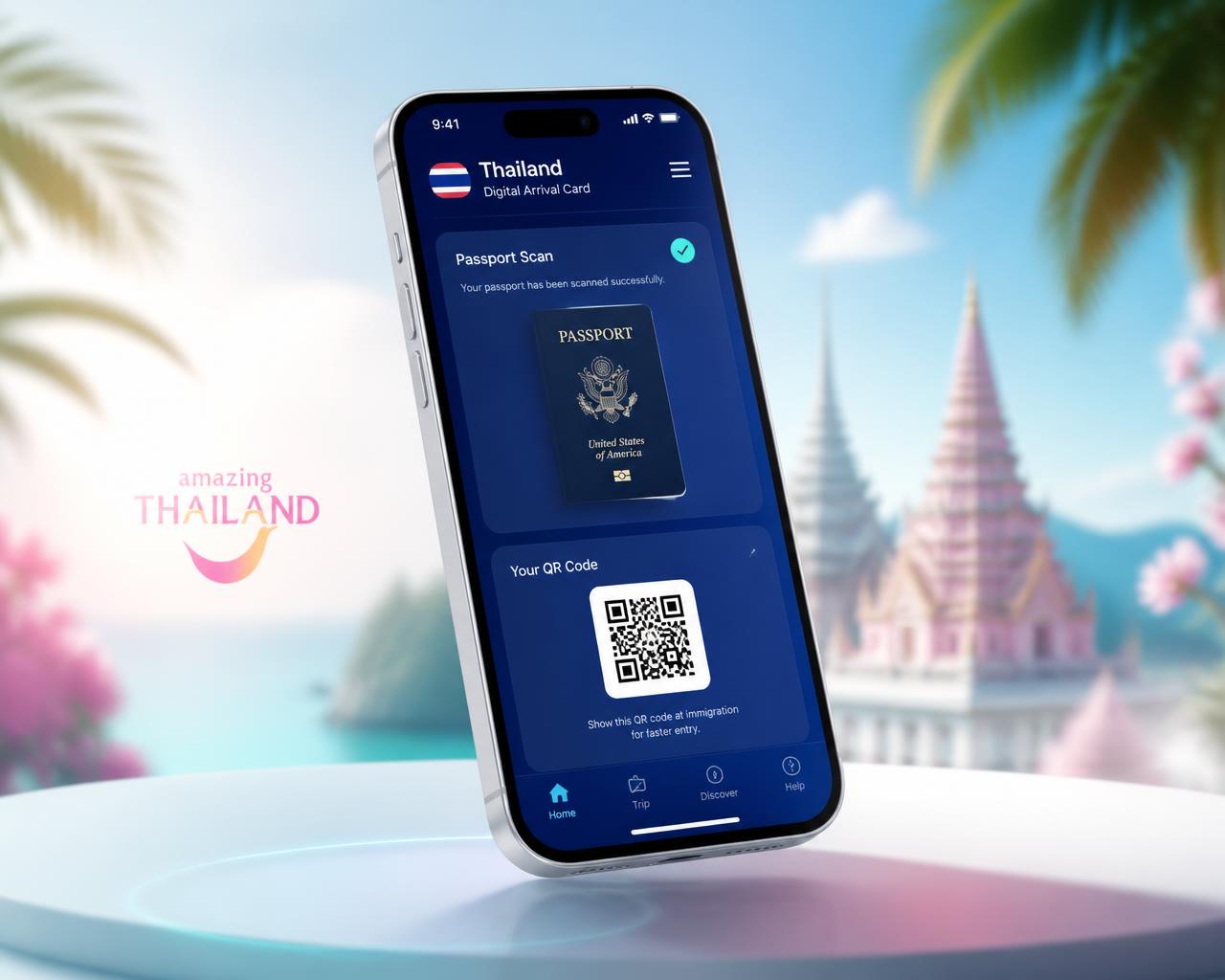 Смартфон с интерфейсом приложения THIM на фоне тропического Таиланда
